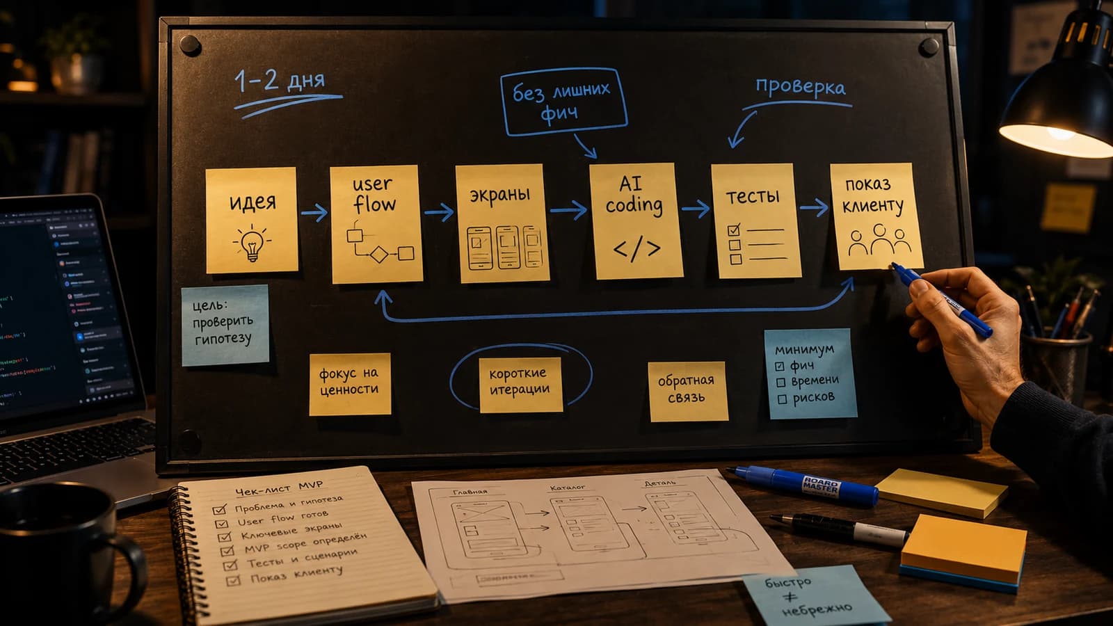 Схема процесса MVP через вайбкодинг: идея, user flow, экраны, AI coding, тесты и показ клиенту