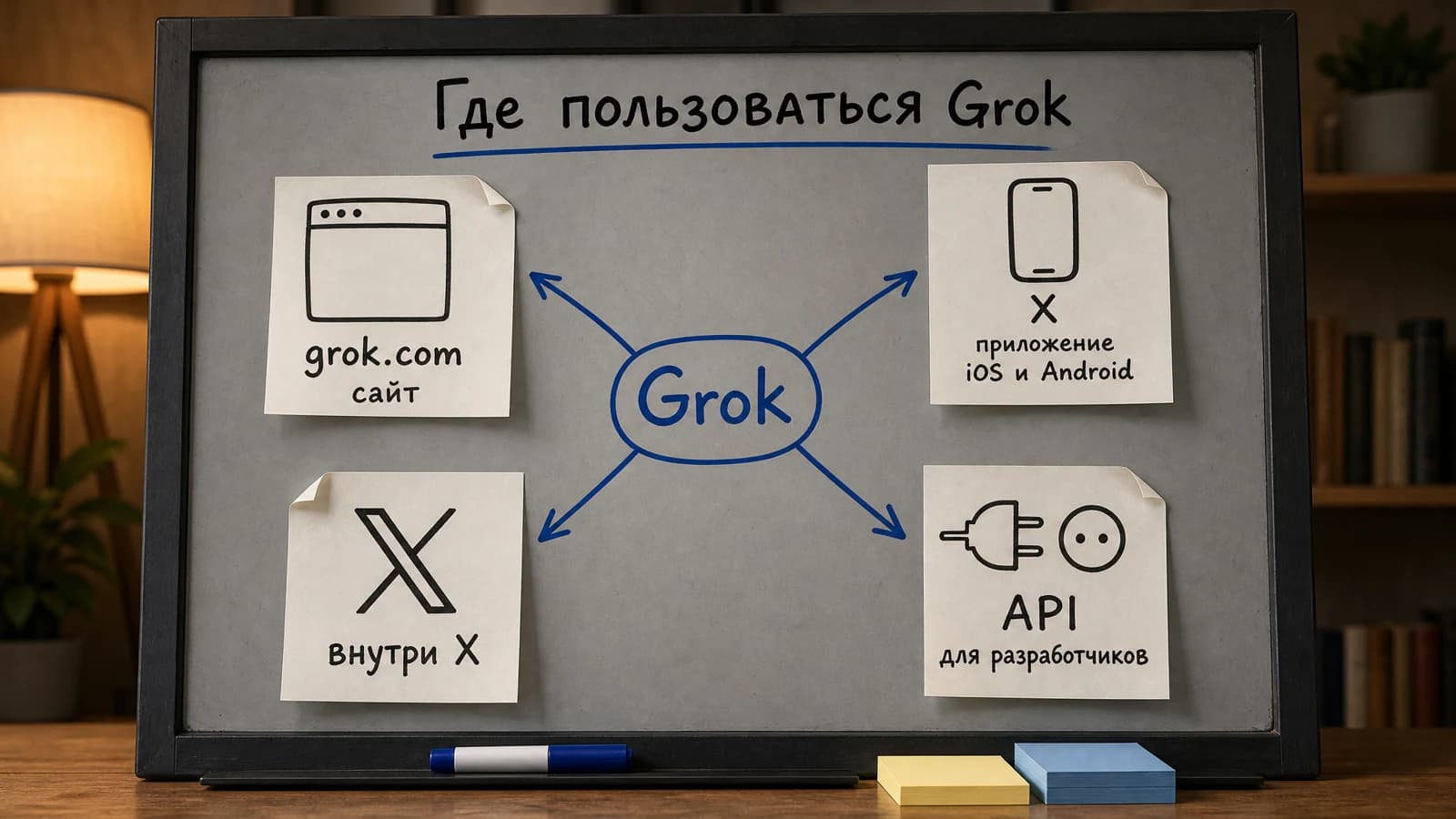 Схема точек входа в Grok: сайт grok.com, приложение, X и API