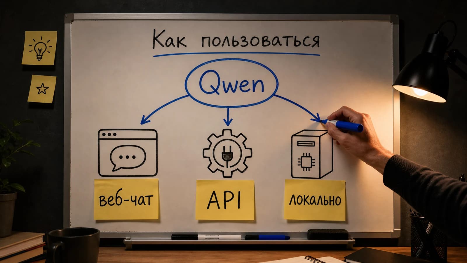 Схема трёх способов пользоваться Qwen: бесплатный веб-чат, API для разработчиков и локальный запуск открытых моделей