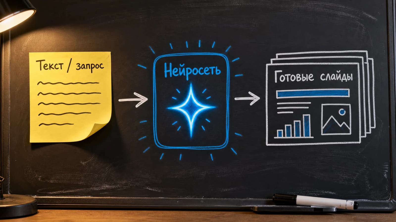 Схема: из текстового запроса нейросеть собирает готовые слайды презентации