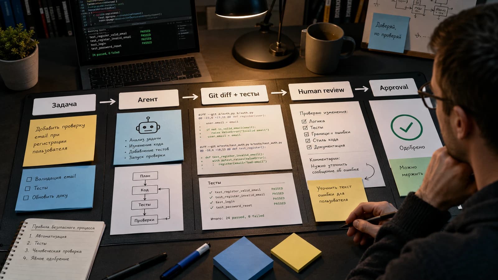 Workflow безопасной работы с Codex: задача, агент, git diff, тесты и review человеком