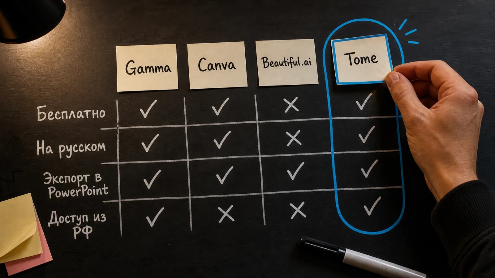 Сравнение нейросетей для презентаций: Gamma, Canva, Beautiful.ai по критериям