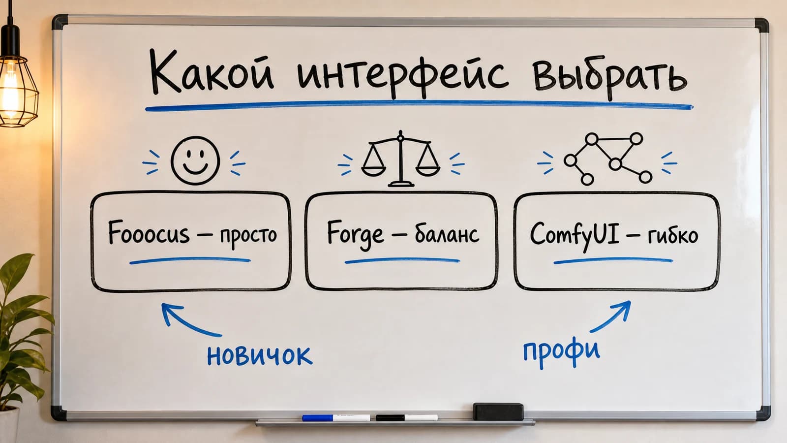Схема выбора интерфейса Stable Diffusion: Fooocus, Forge и ComfyUI