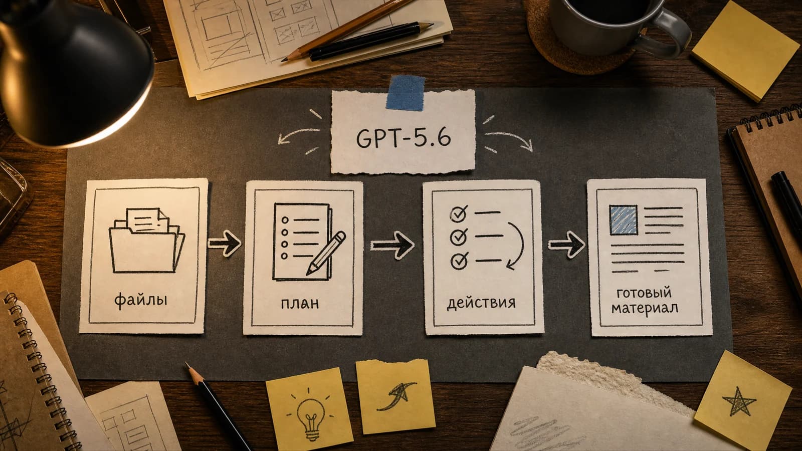 Бумажная схема процесса ChatGPT Work: файлы, план, действия и готовый материал