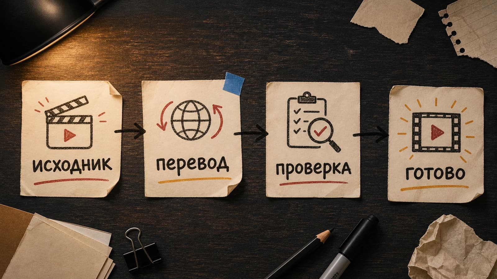 Ручная схема локализации видео: исходник, перевод, проверка и готовый ролик