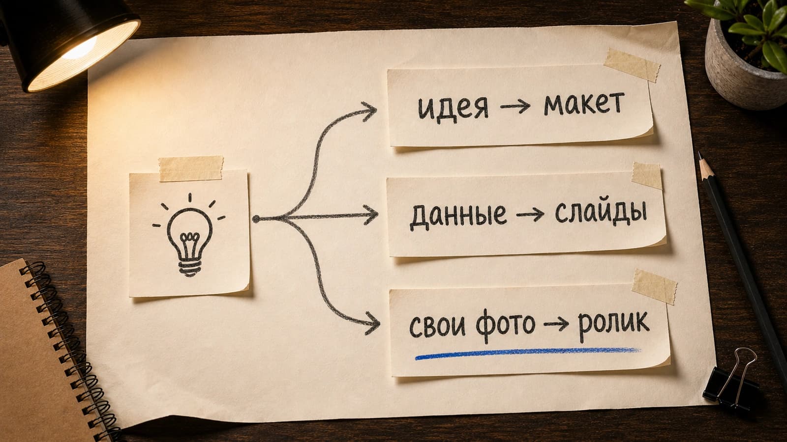 Бумажная схема выбора сценария Canva AI: идея для макета, данные для слайдов, свои фото для ролика