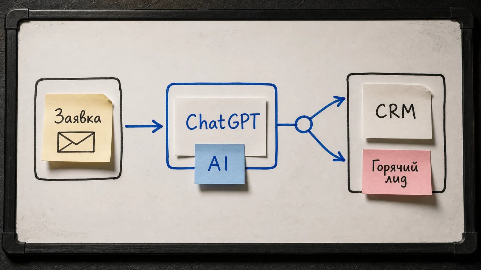 Блок-схема сценария Make: входящая заявка, блок ChatGPT в центре, результат в CRM с тегом горячий лид