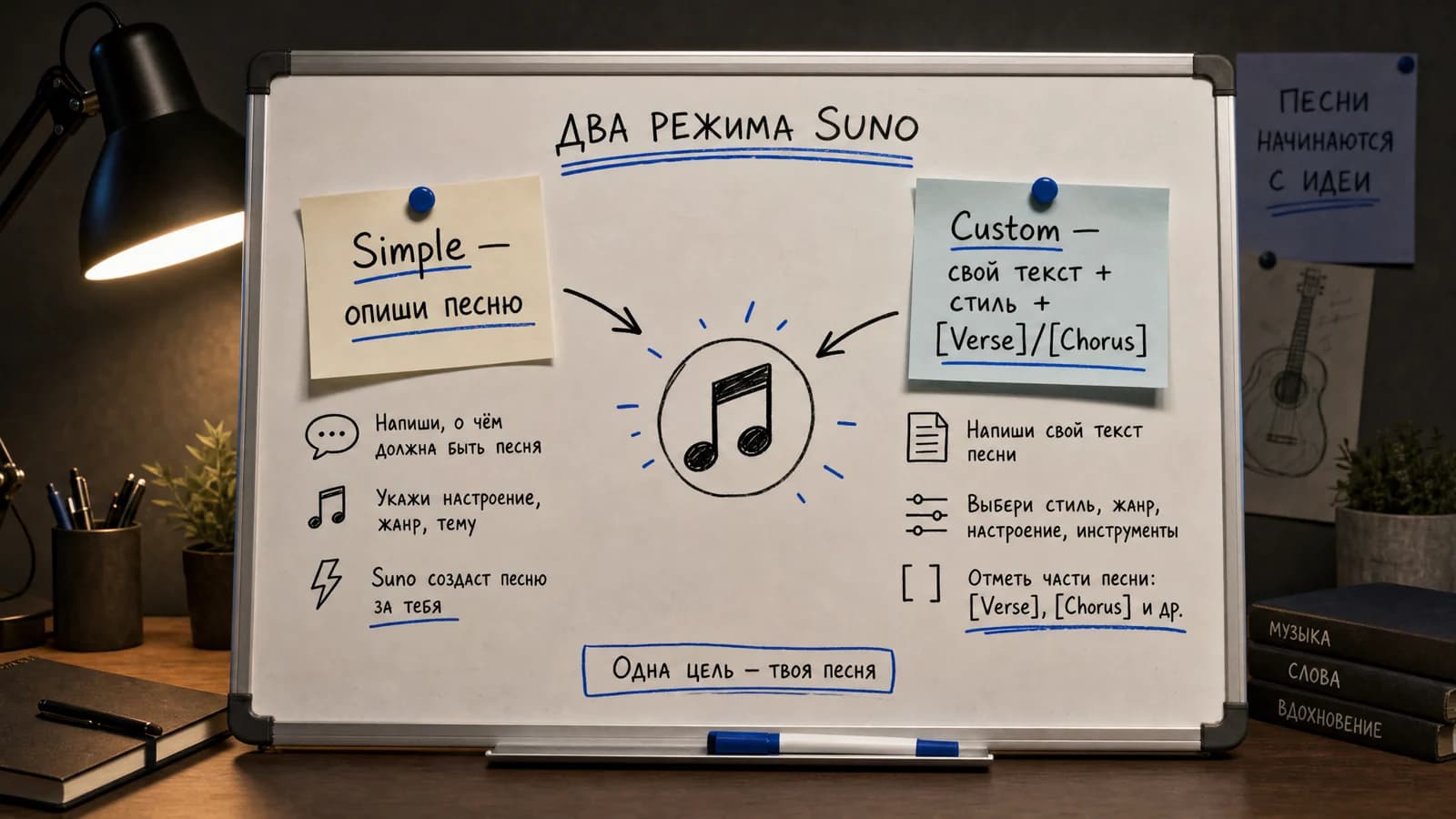Два режима Suno AI: Simple и Custom — схема на доске со стикерами