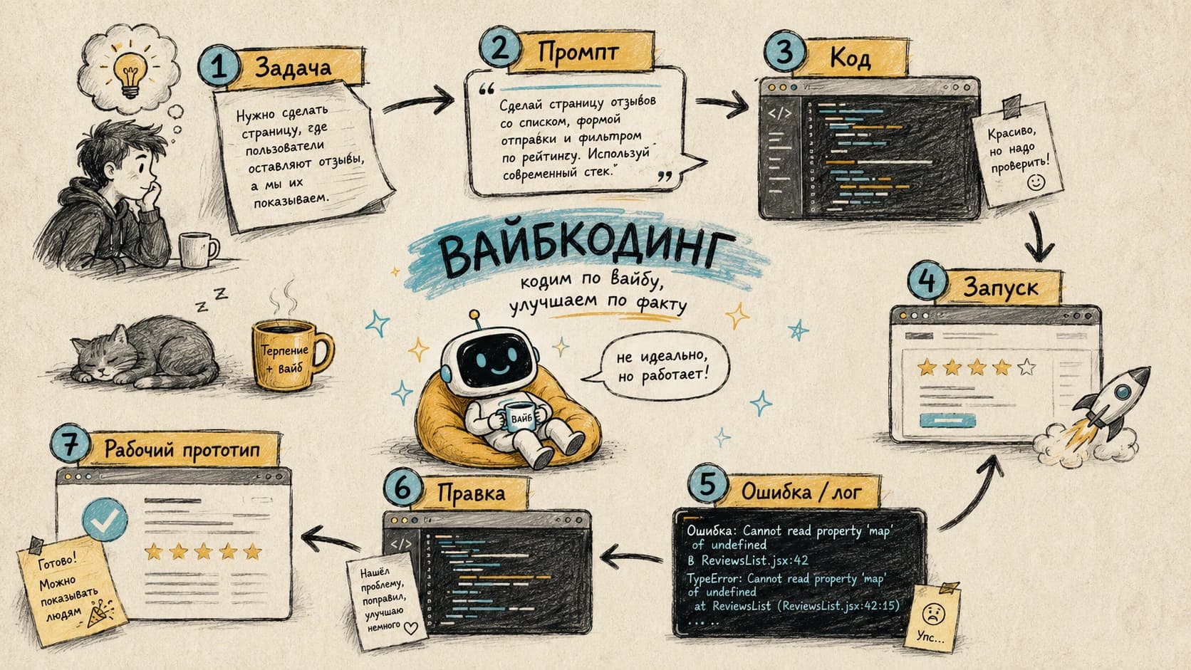 Схема коротких итераций вайбкодинга: задача, промпт, код, запуск, ошибка, правка и рабочий прототип