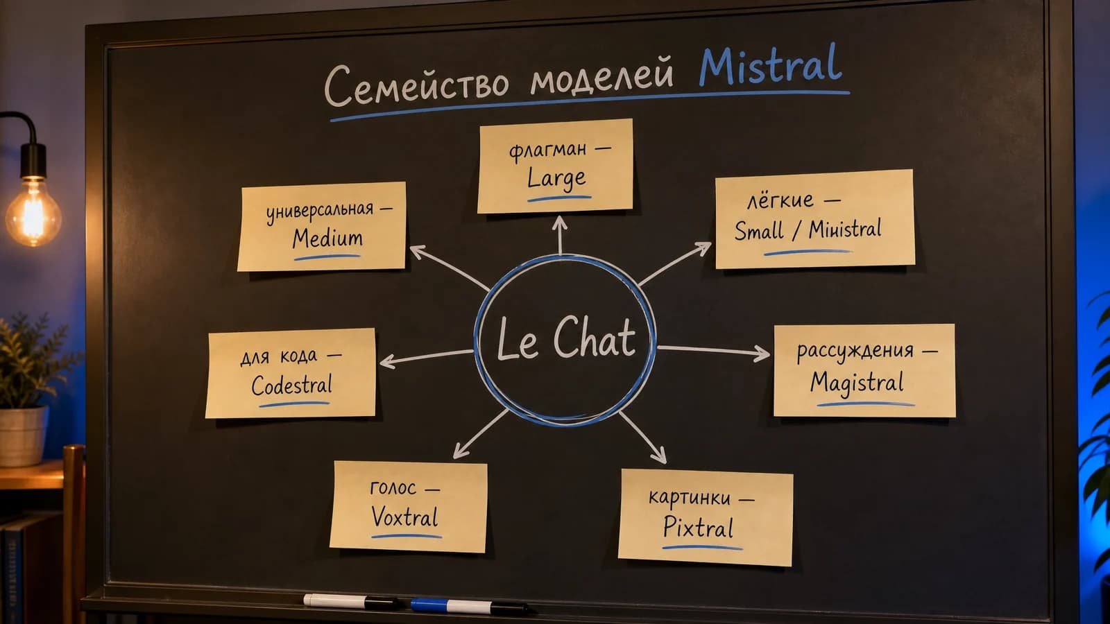Схема линейки моделей Mistral: Large, Medium, Small, Codestral, Magistral, Voxtral, Pixtral вокруг Le Chat