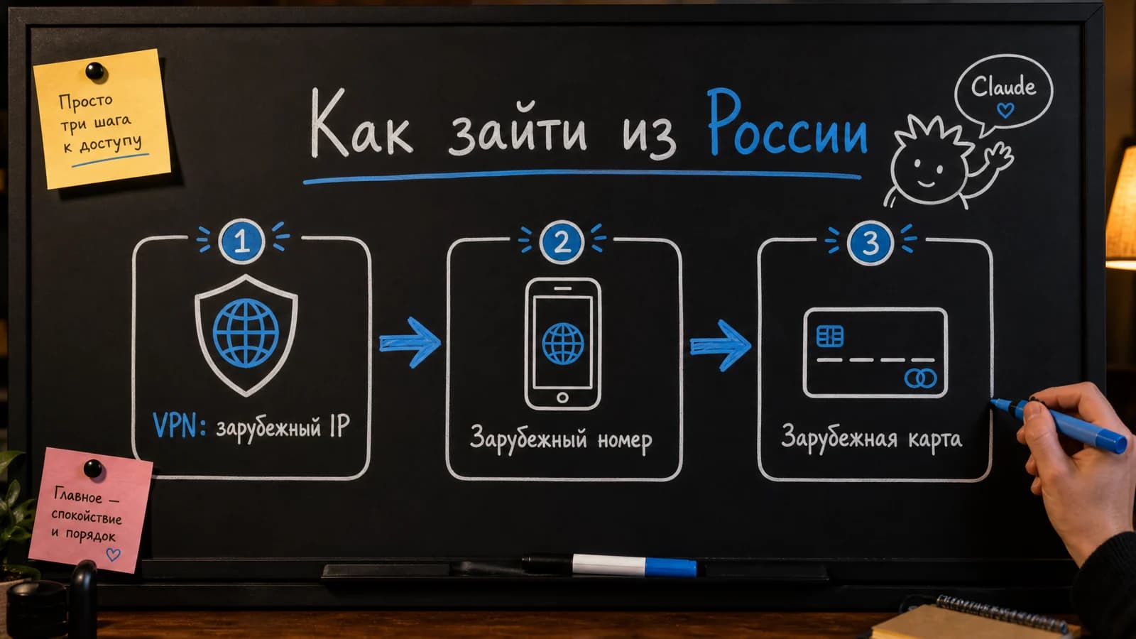 Схема, как зайти в Claude из России: VPN с зарубежным IP, зарубежный номер телефона и зарубежная карта для оплаты