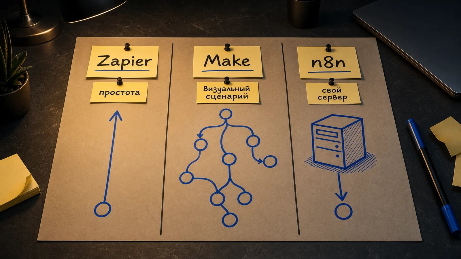 Сравнение Zapier, Make и n8n: простота, визуальный сценарий и свой сервер