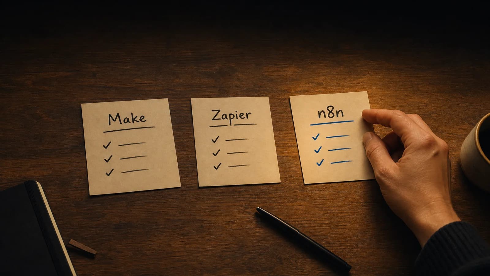 Сравнение инструментов автоматизации Make, Zapier и n8n на карточках