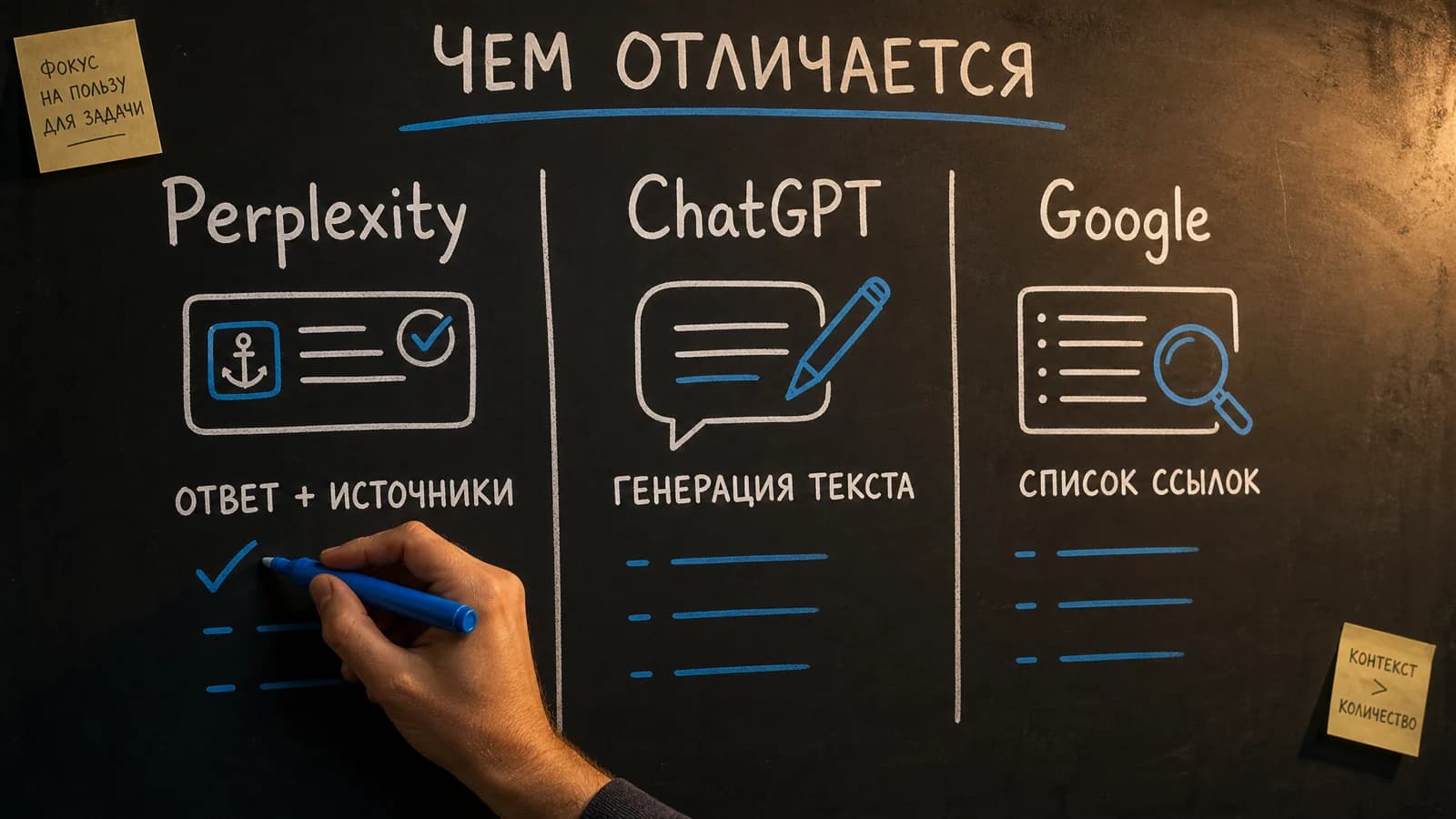 Сравнение Perplexity, ChatGPT и Google на доске со стикерами