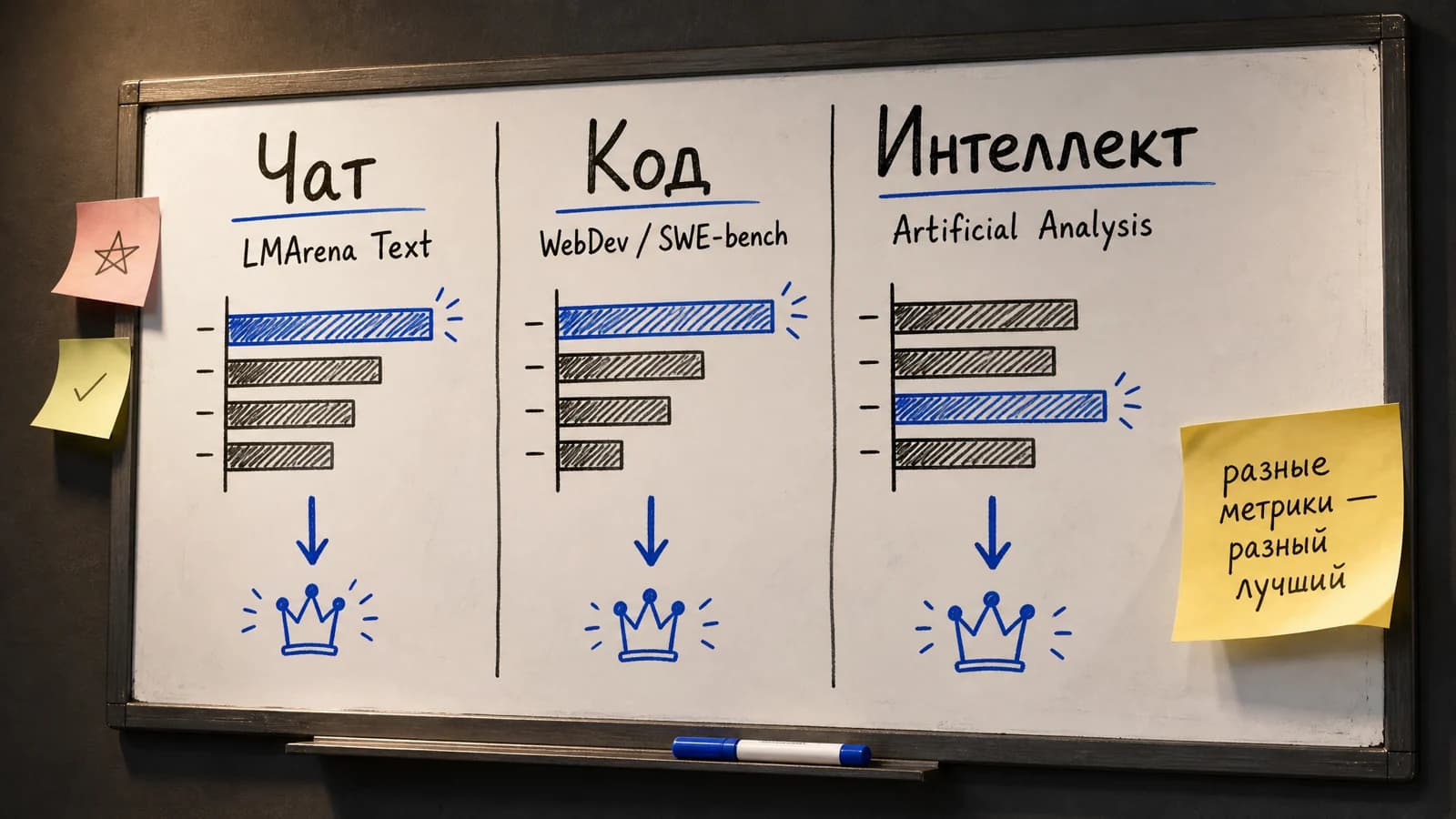 Схема: как читать рейтинги нейросетей — три арены LMArena и Artificial Analysis по разным метрикам