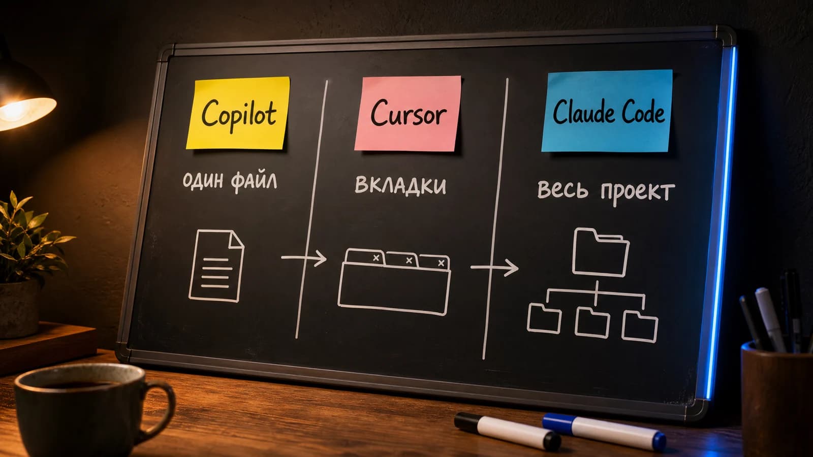 Сравнение GitHub Copilot, Cursor и Claude Code: охват контекста на whiteboard-схеме