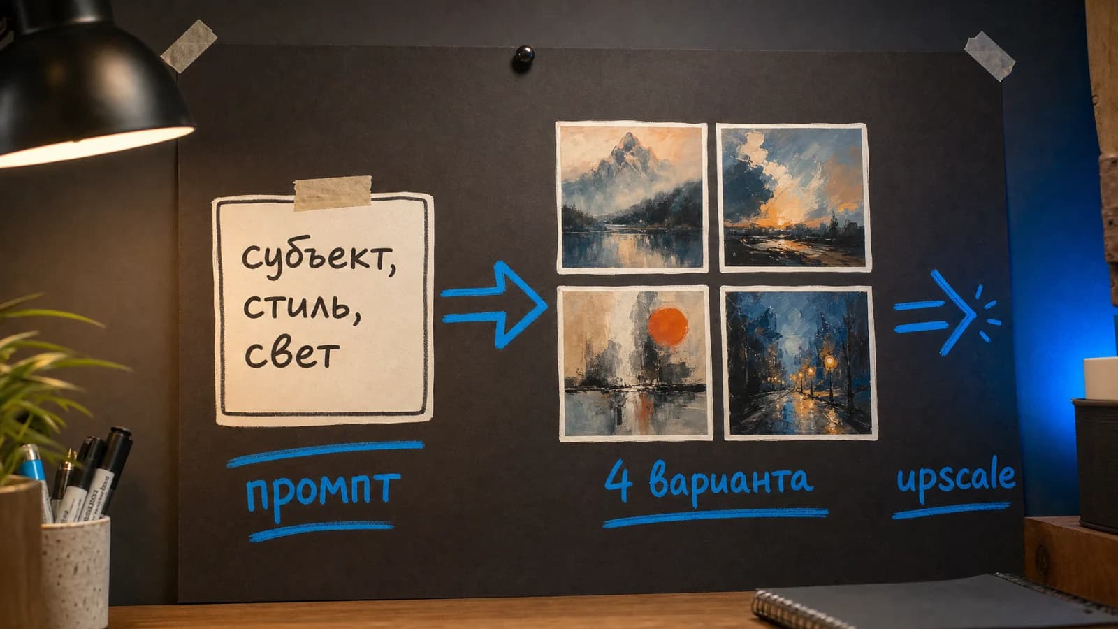 Схема работы Midjourney: промпт превращается в сетку из четырёх изображений, дальше upscale и вариации