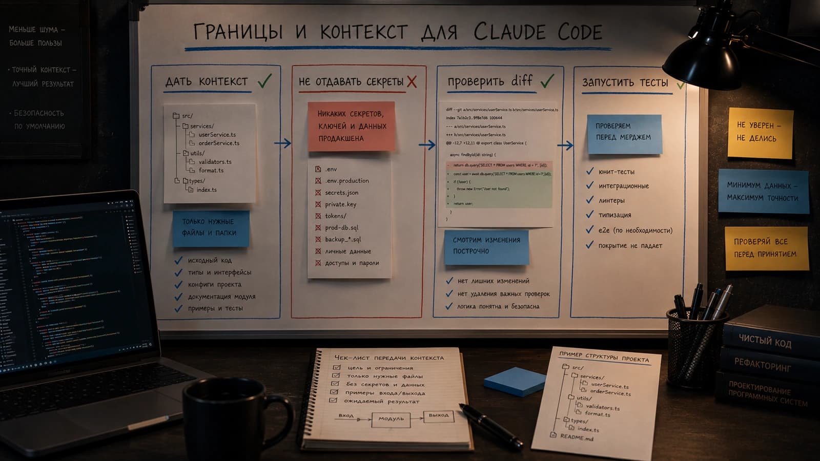 Границы и контекст для Claude Code: какие файлы давать, что скрывать и как проверять изменения