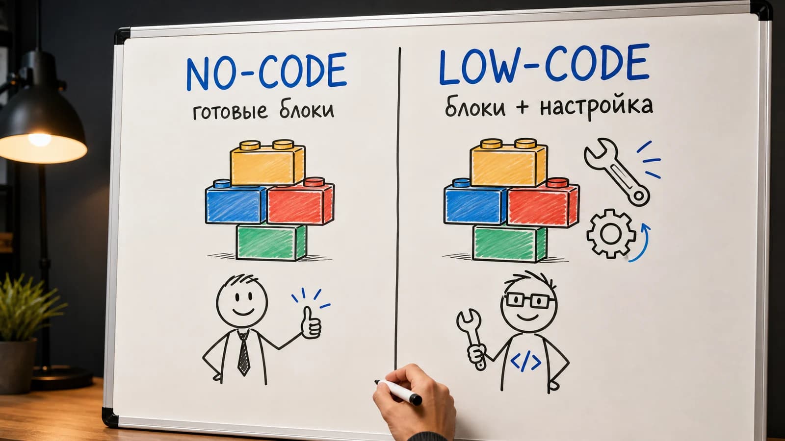 Сравнение no-code и low-code: два столбца на whiteboard-доске — no-code (готовые блоки, простой пользователь) и low-code (блоки + ручная настройка, разработчик)