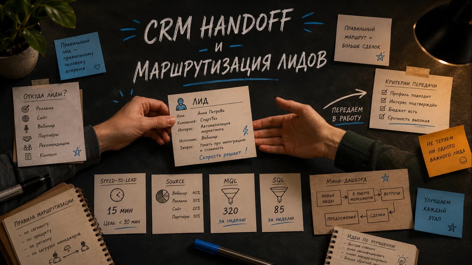 CRM handoff: заявка попадает менеджеру, сохраняется источник и запускается отчёт по лидам