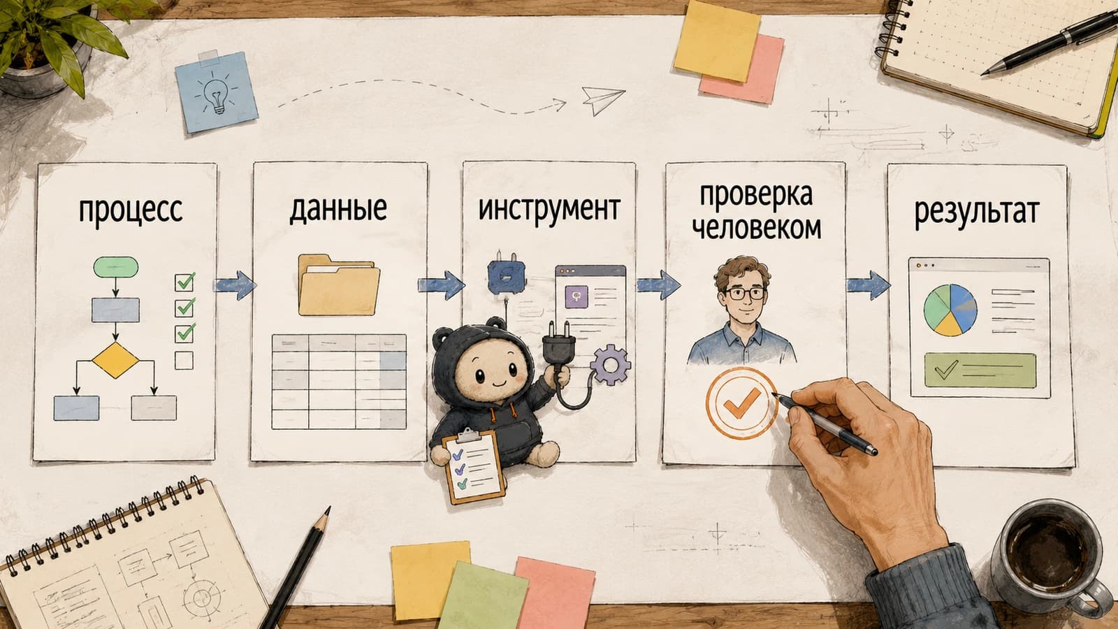 Схема внедрения ИИ-агента: процесс, данные, инструмент, проверка человеком, результат