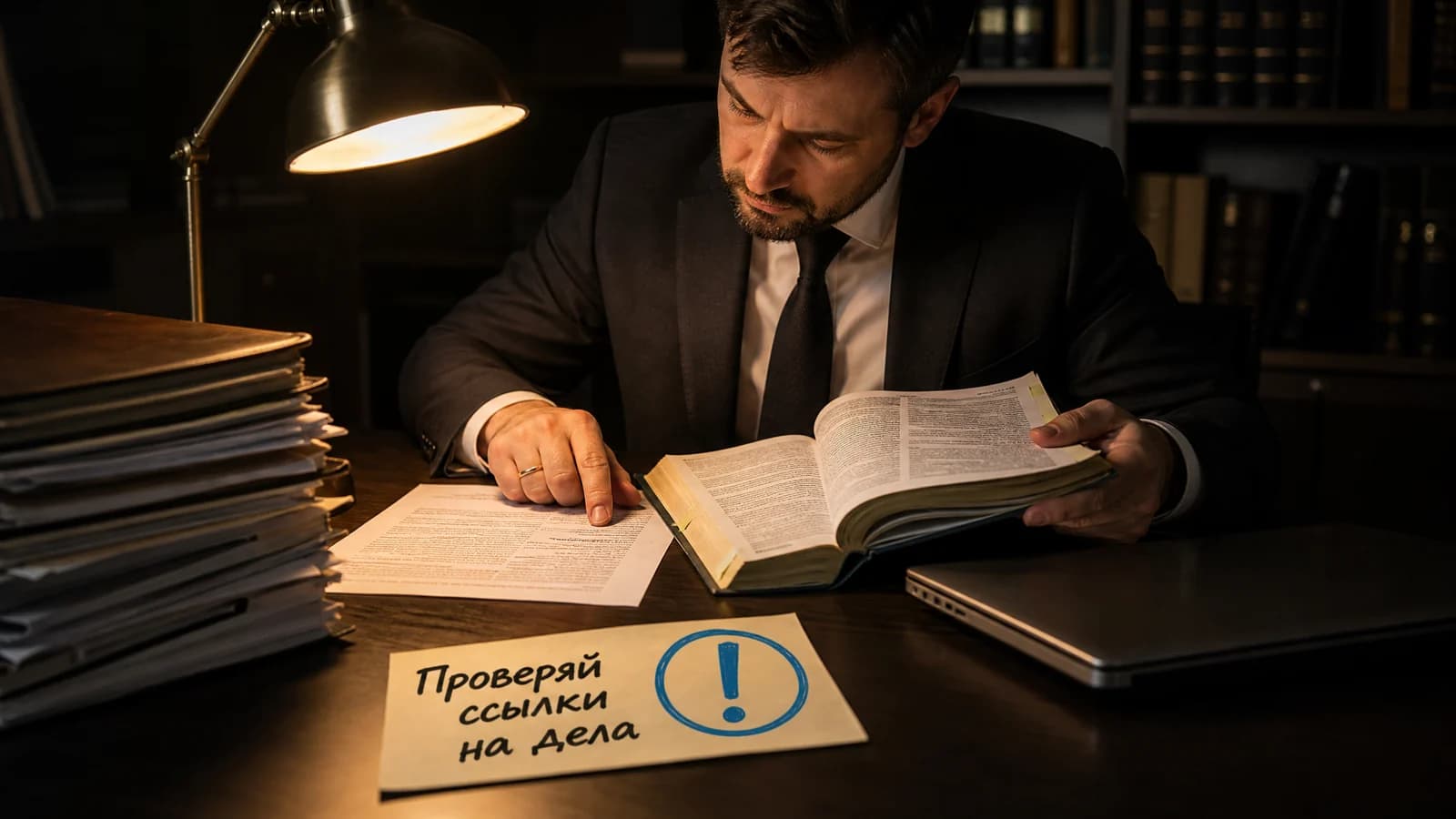 Юрист сверяет документ с бумажным кодексом и проверяет ссылки на судебные дела после нейросети