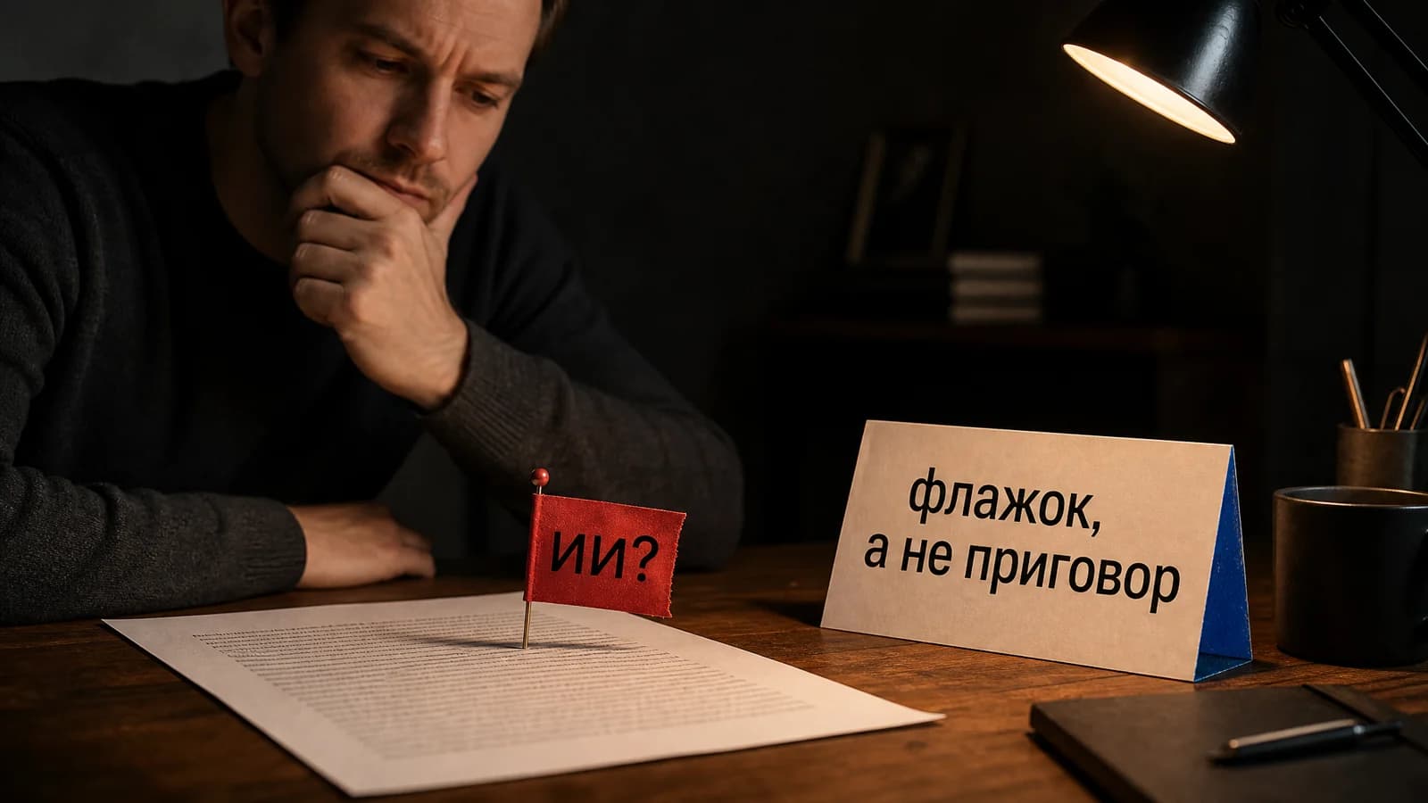 Текст человека ошибочно помечен флажком ИИ — метафора ложного срабатывания детектора