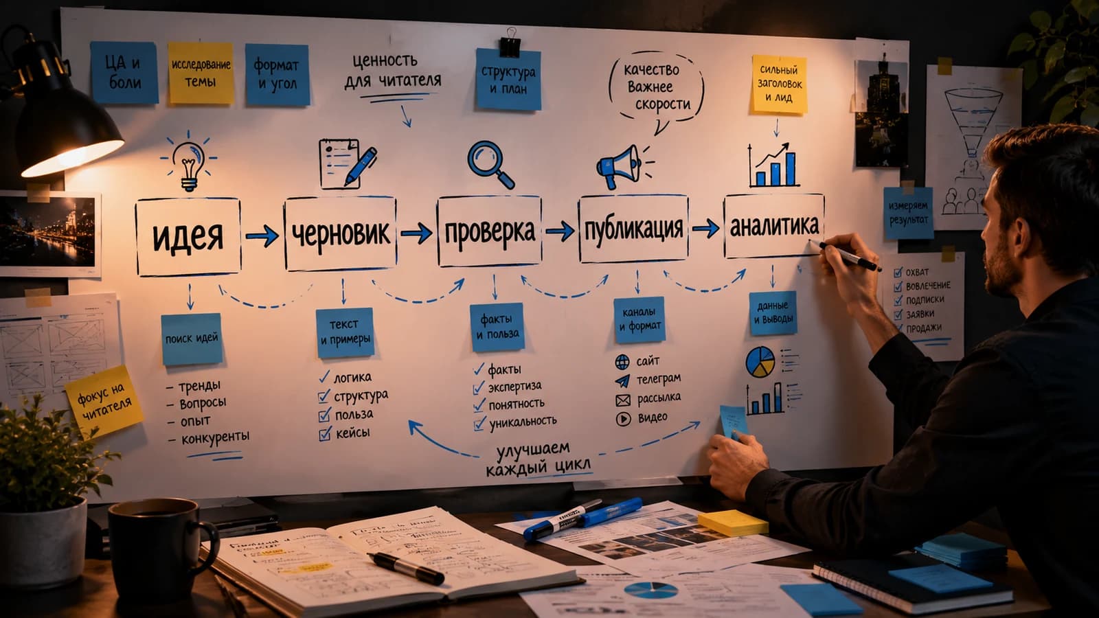 Схема работы ИИ-агента в маркетинге от идеи до аналитики