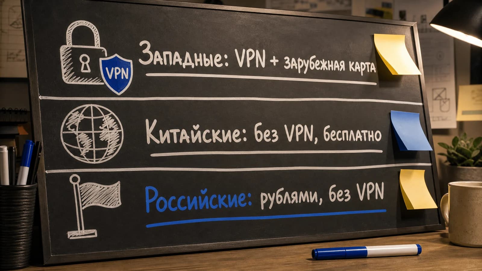 Схема доступа к нейросетям из России: западные через VPN и карту, китайские без VPN, российские за рубли