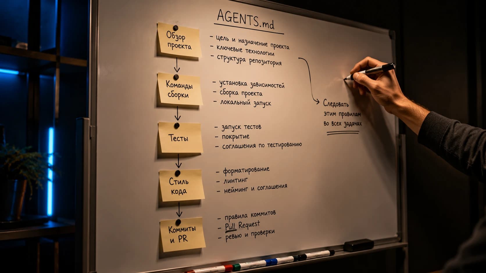 Структура файла AGENTS.md: обзор проекта, команды сборки, тесты, стиль кода, коммиты и PR