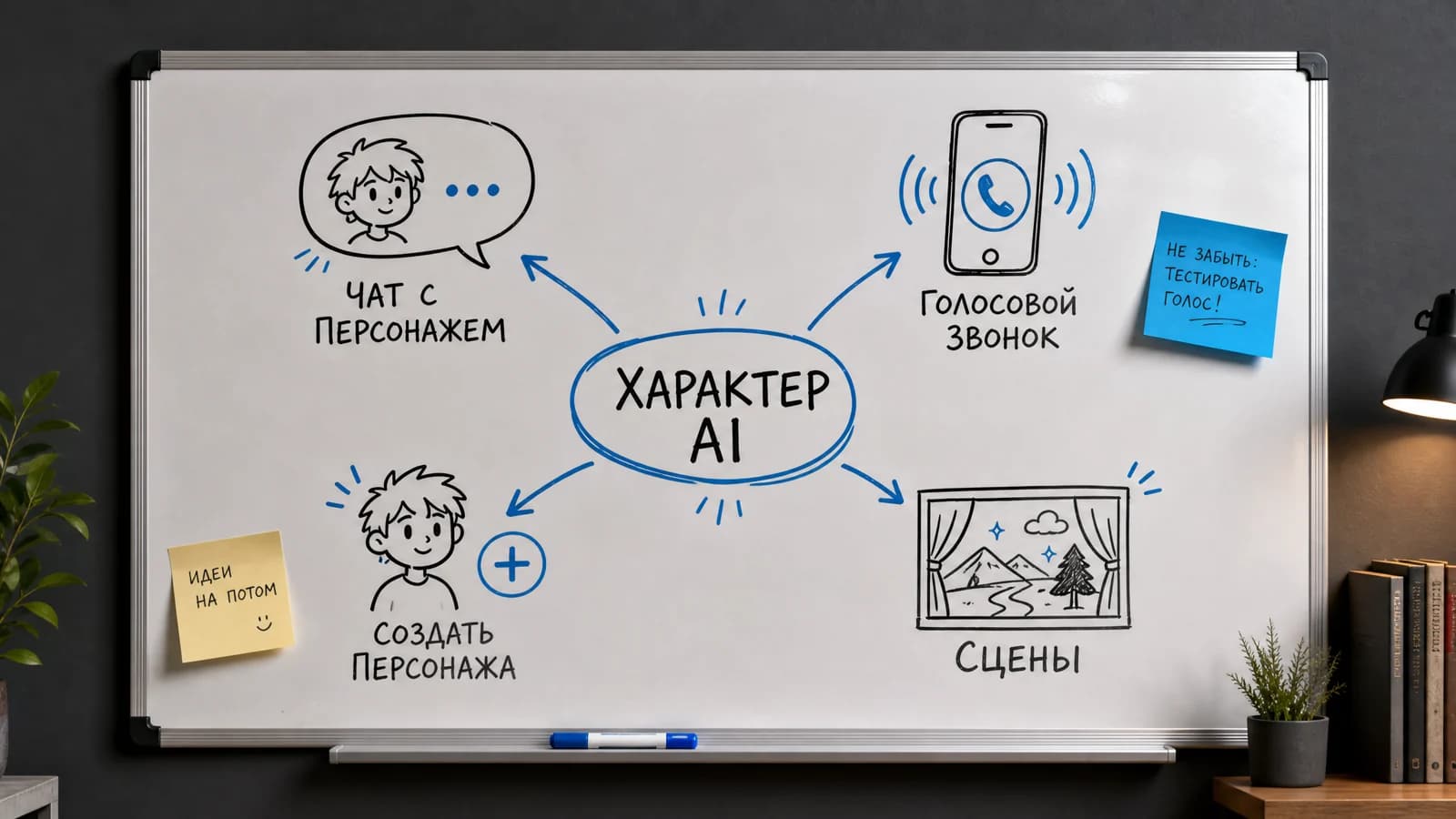 Карта возможностей Character AI: чат с персонажем, голосовой звонок, создание своего персонажа и сцены
