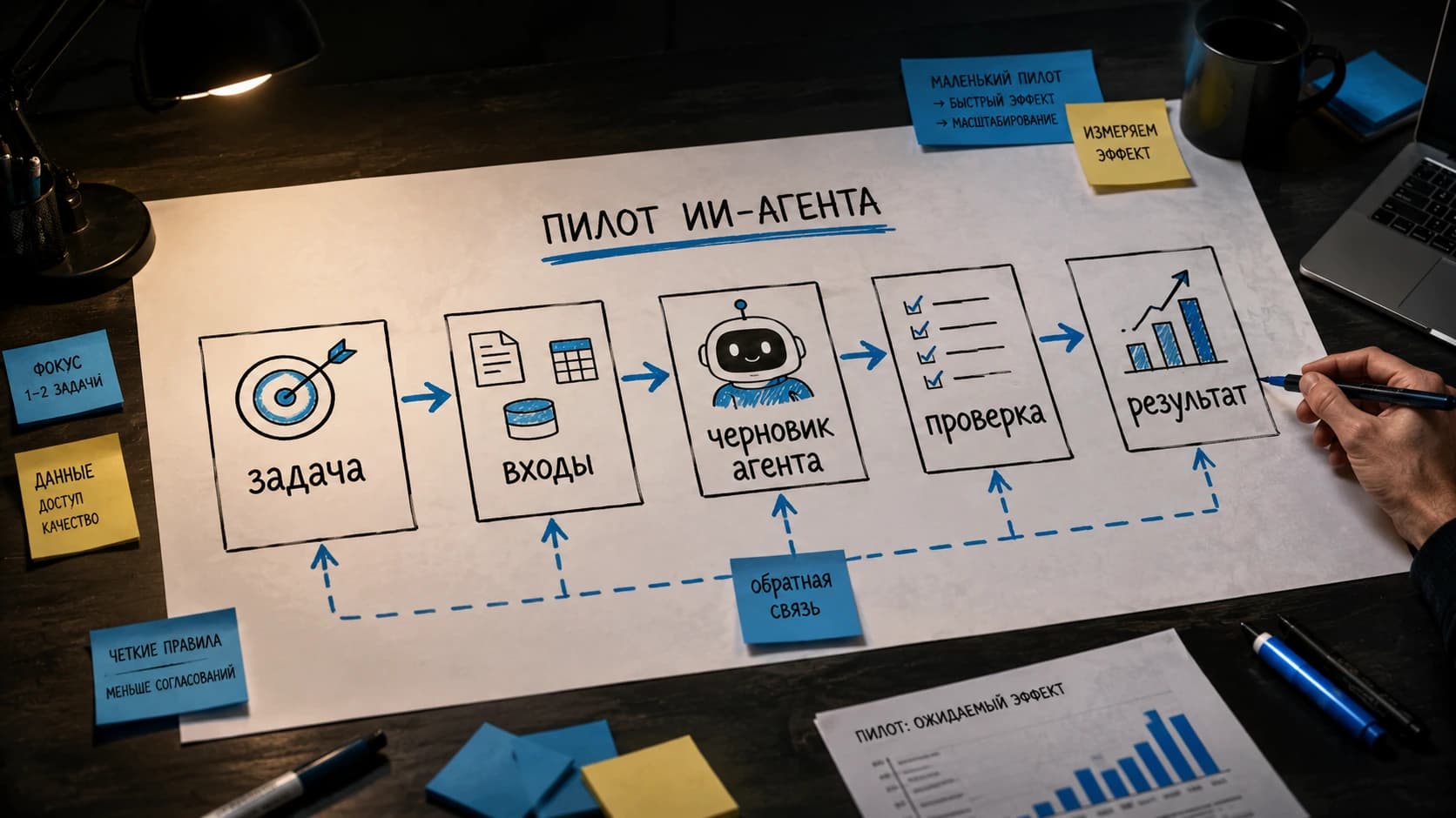 Схема внедрения ИИ-агента: доступы, правила, проверка человеком и журнал действий