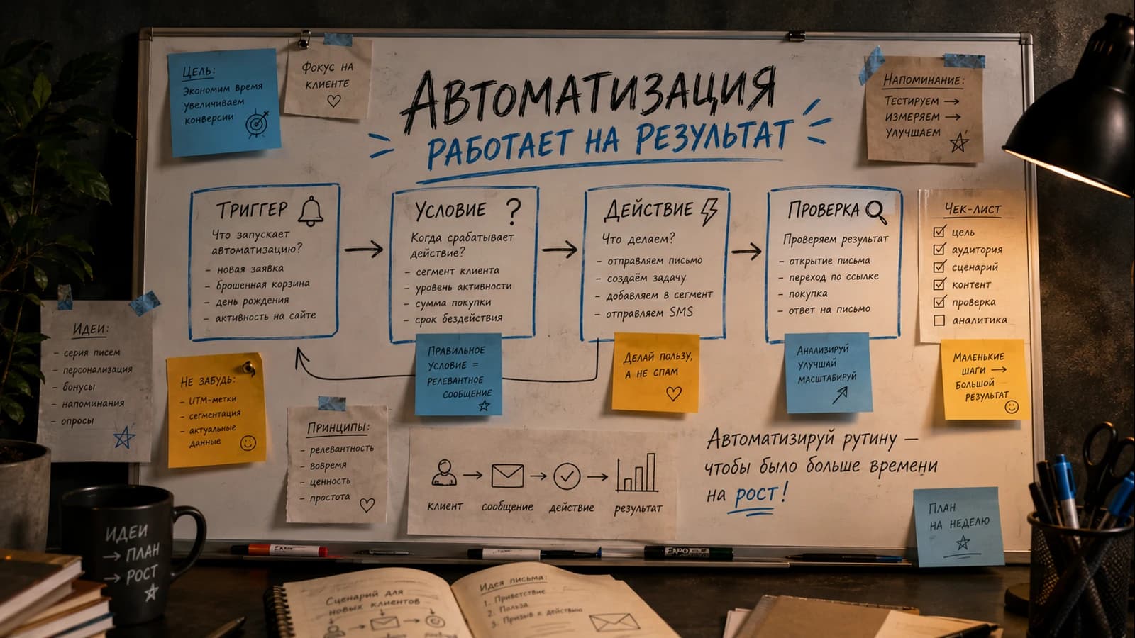 Схема workflow: триггер, условие, действие, проверка для автоматизации маркетинга