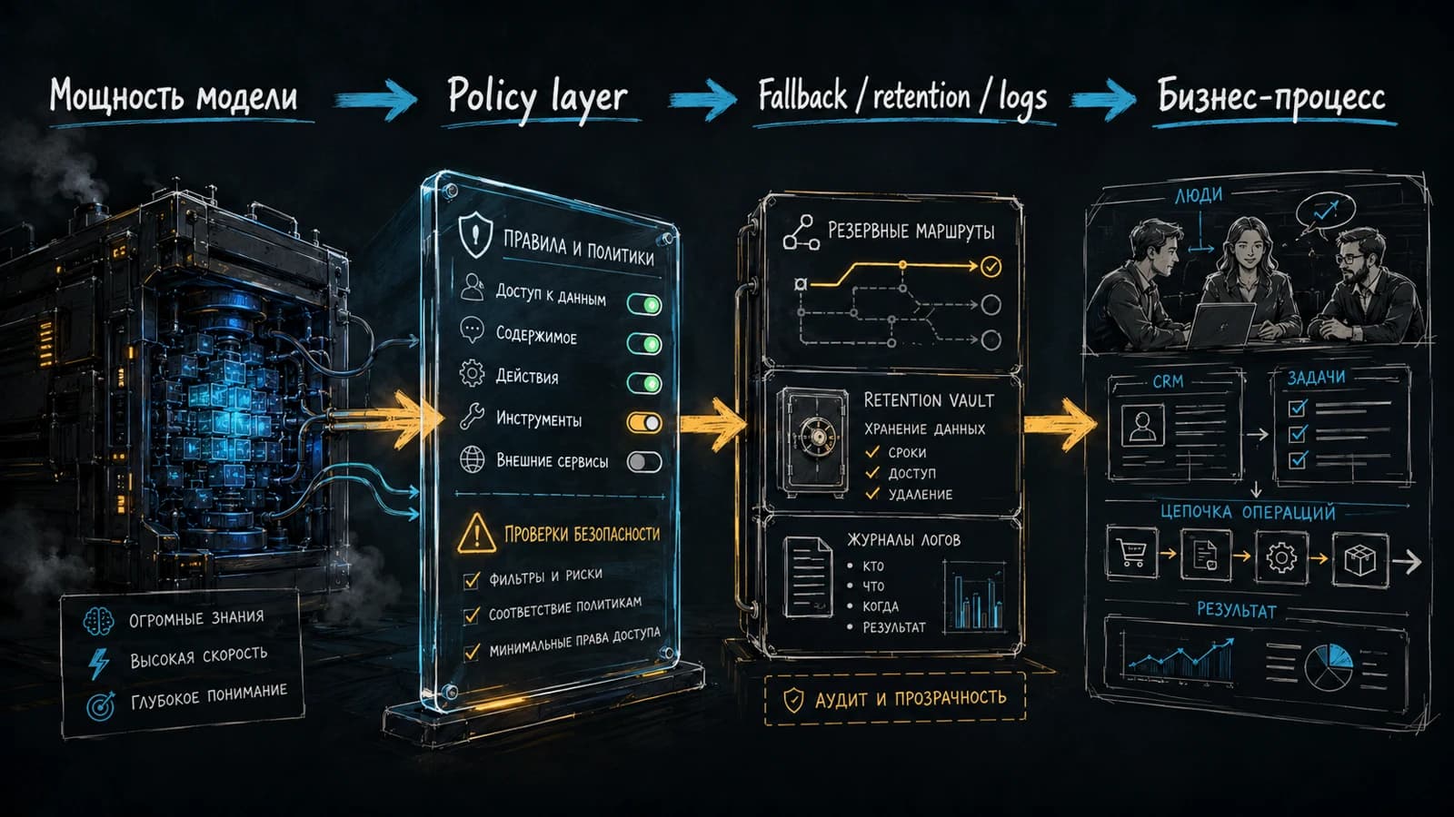 Схема Fable 5: мощность модели, policy layer, fallback, retention, логи и бизнес-процесс
