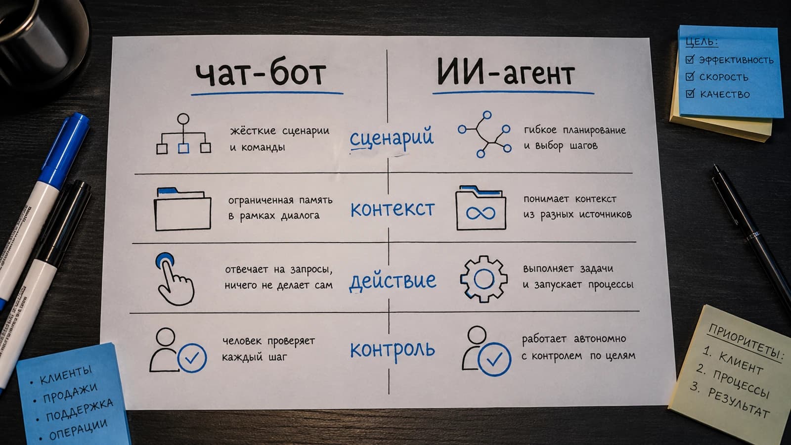 Сравнение чат-бота и ИИ-агента по сценарию, контексту, действиям и контролю