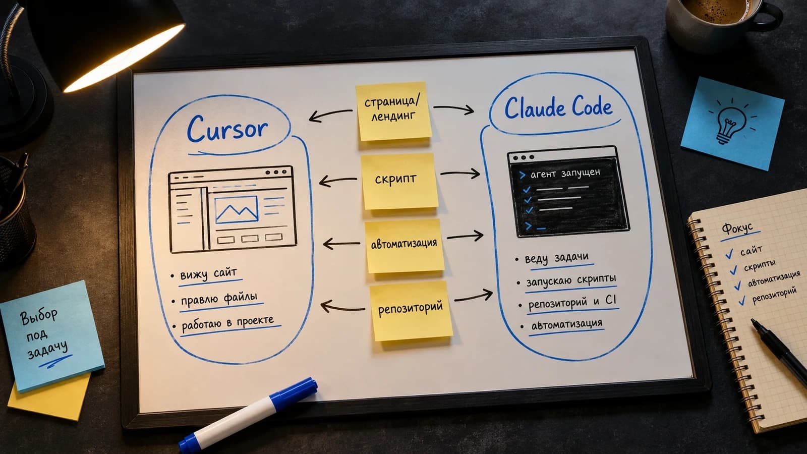 Карта выбора между Cursor AI и Claude Code по типам задач