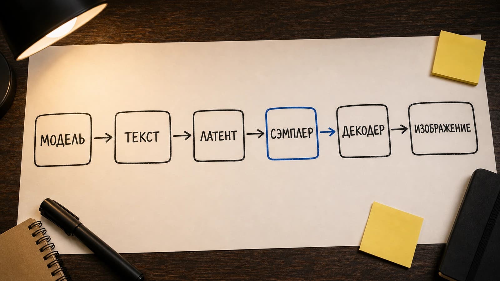 Схема первого workflow ComfyUI: модель, текст, латент, сэмплер, декодер и изображение