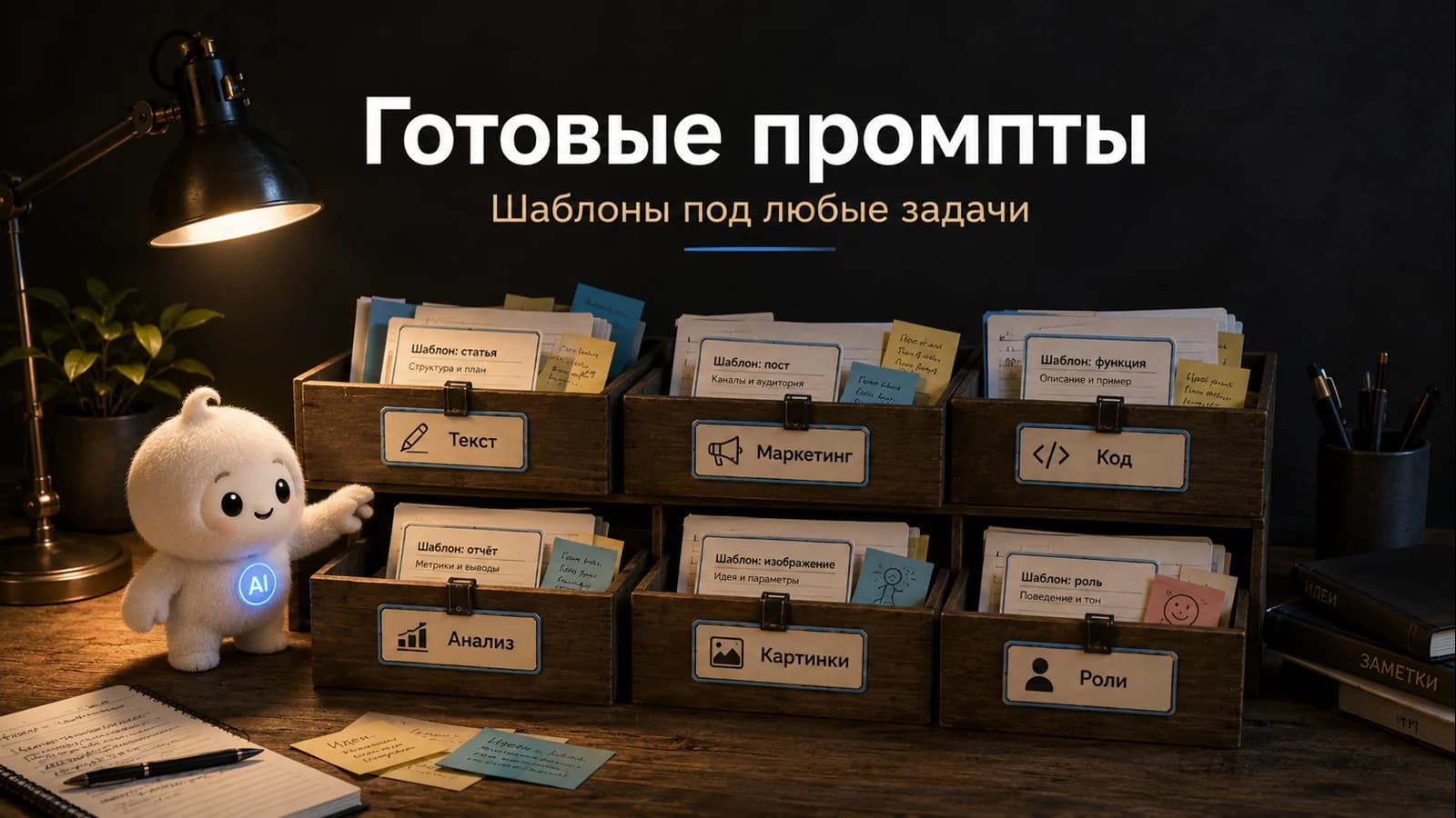 Категории готовых шаблонов промптов: тексты, маркетинг, код, анализ, изображения, роли