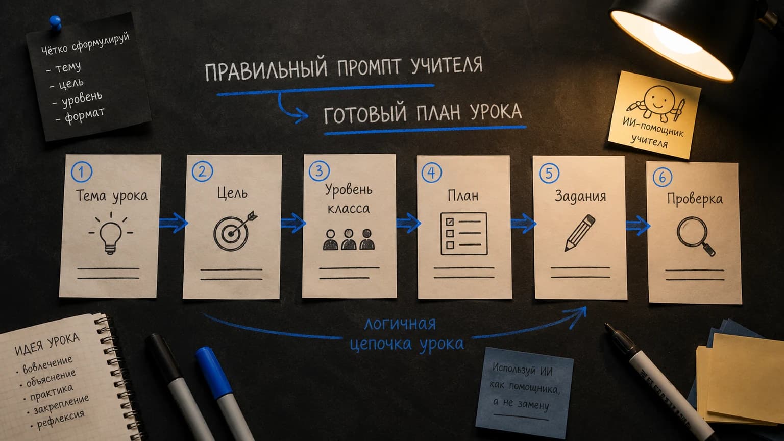 Схема промпта учителя: тема, цель, уровень класса, план, задания и проверка