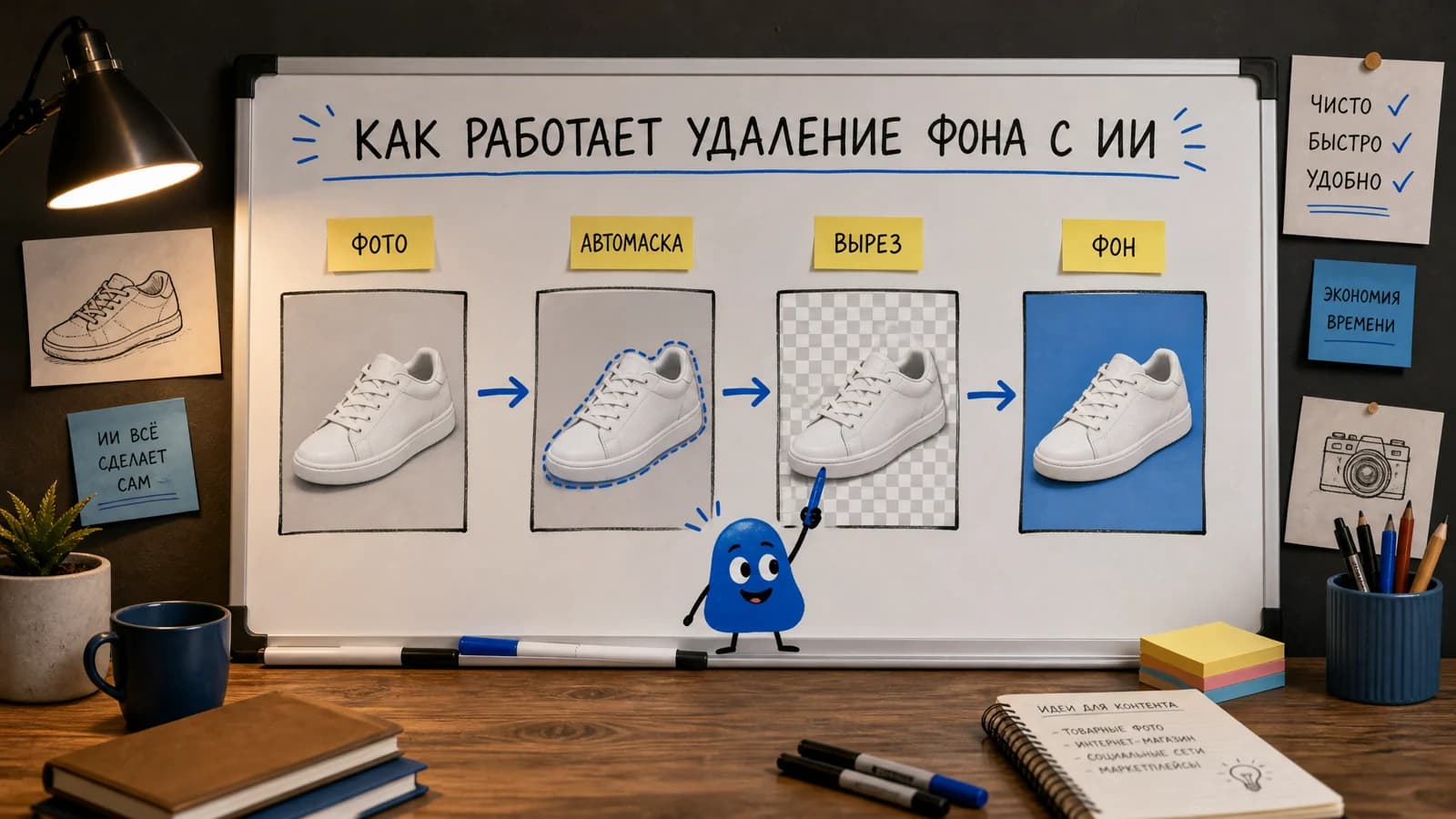 Рабочий поток удаления фона: загрузка → автовырез → замена фона → скачивание