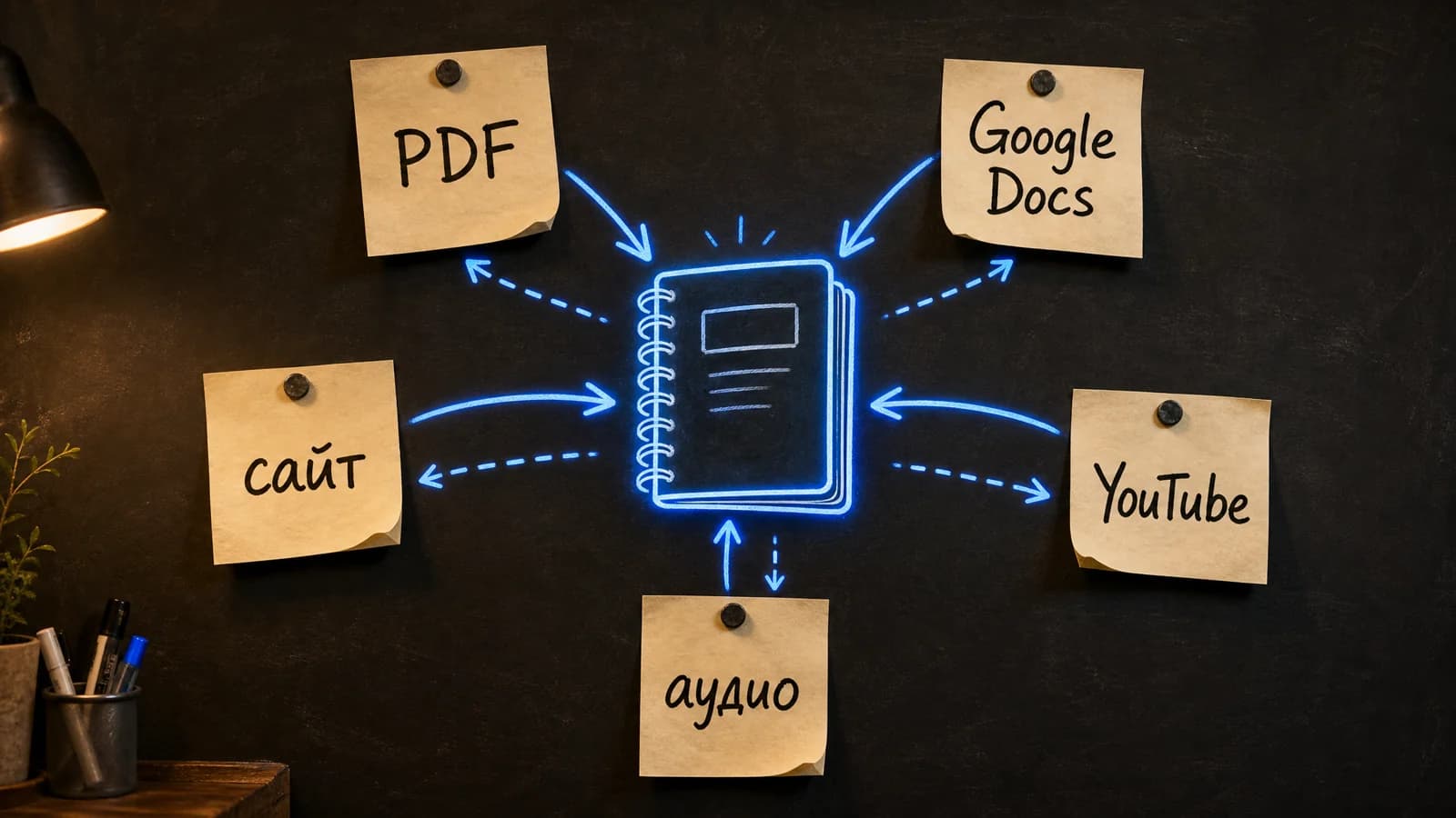 Схема: NotebookLM работает только по загруженным источникам — PDF, Google Docs, сайты, YouTube, аудио