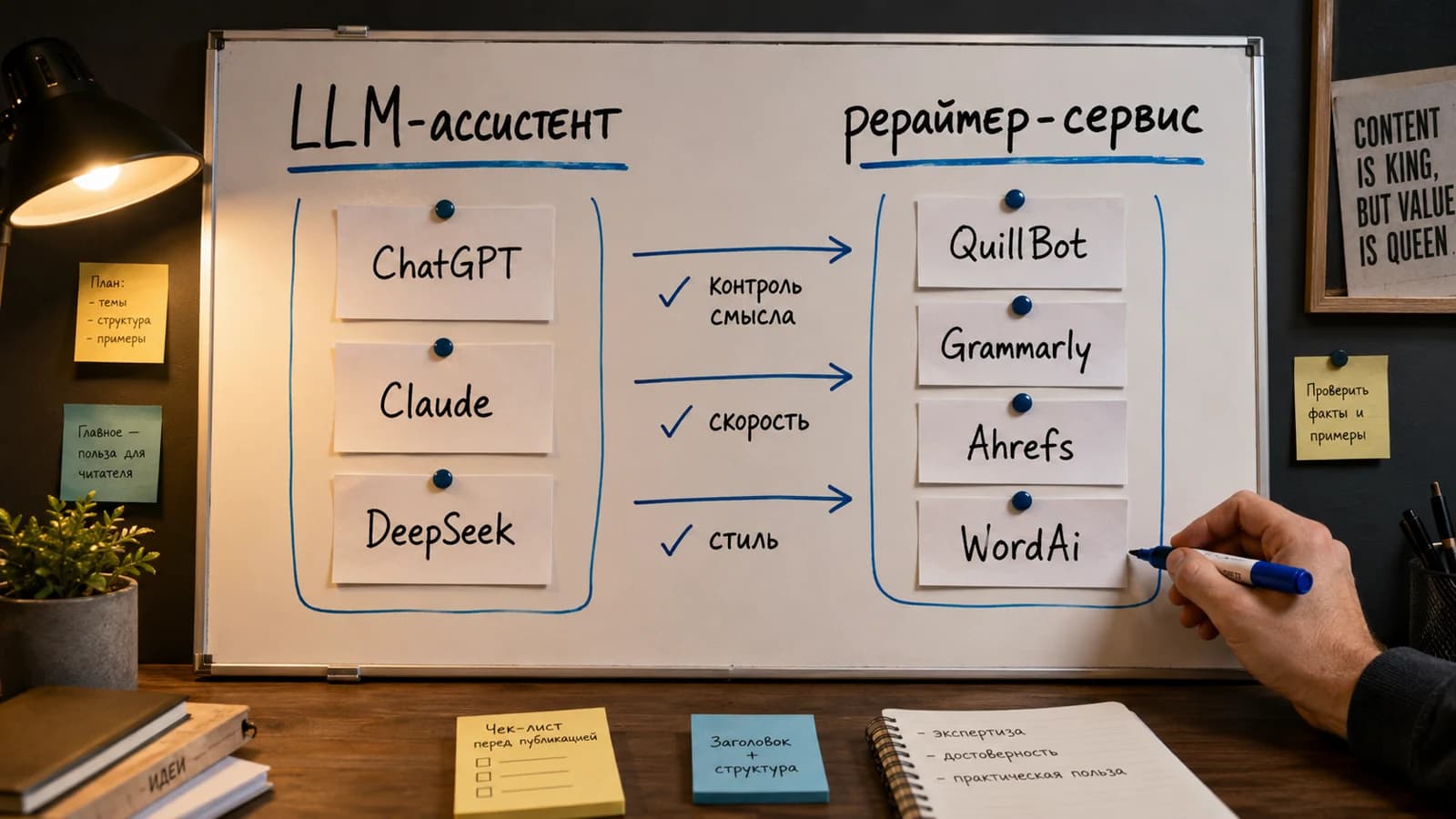 Сравнение LLM-ассистентов и сервисов для рерайта текста на доске
