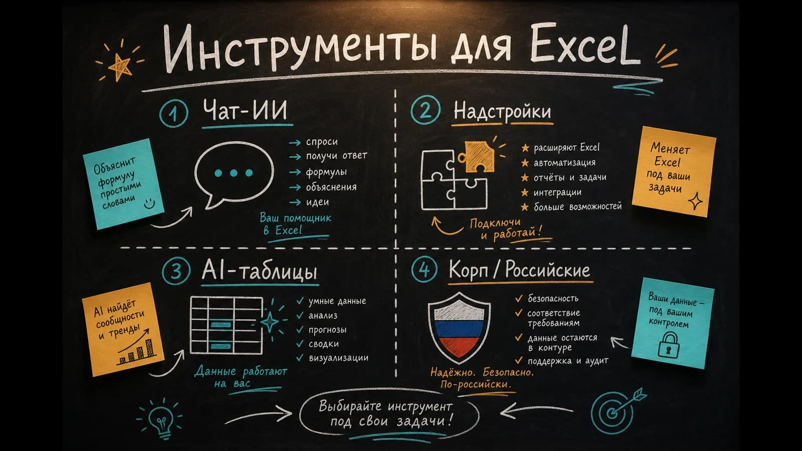 Схема выбора нейросети для Excel: универсальные чаты, надстройки, AI-родные таблицы и корпоративные варианты