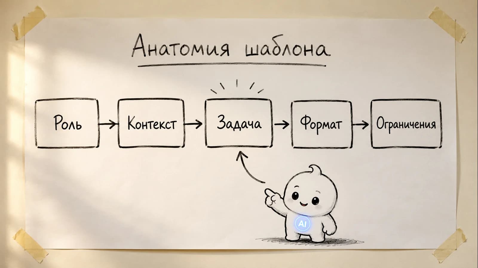 Схема из пяти блоков хорошего промпта: роль, контекст, задача, формат, ограничения