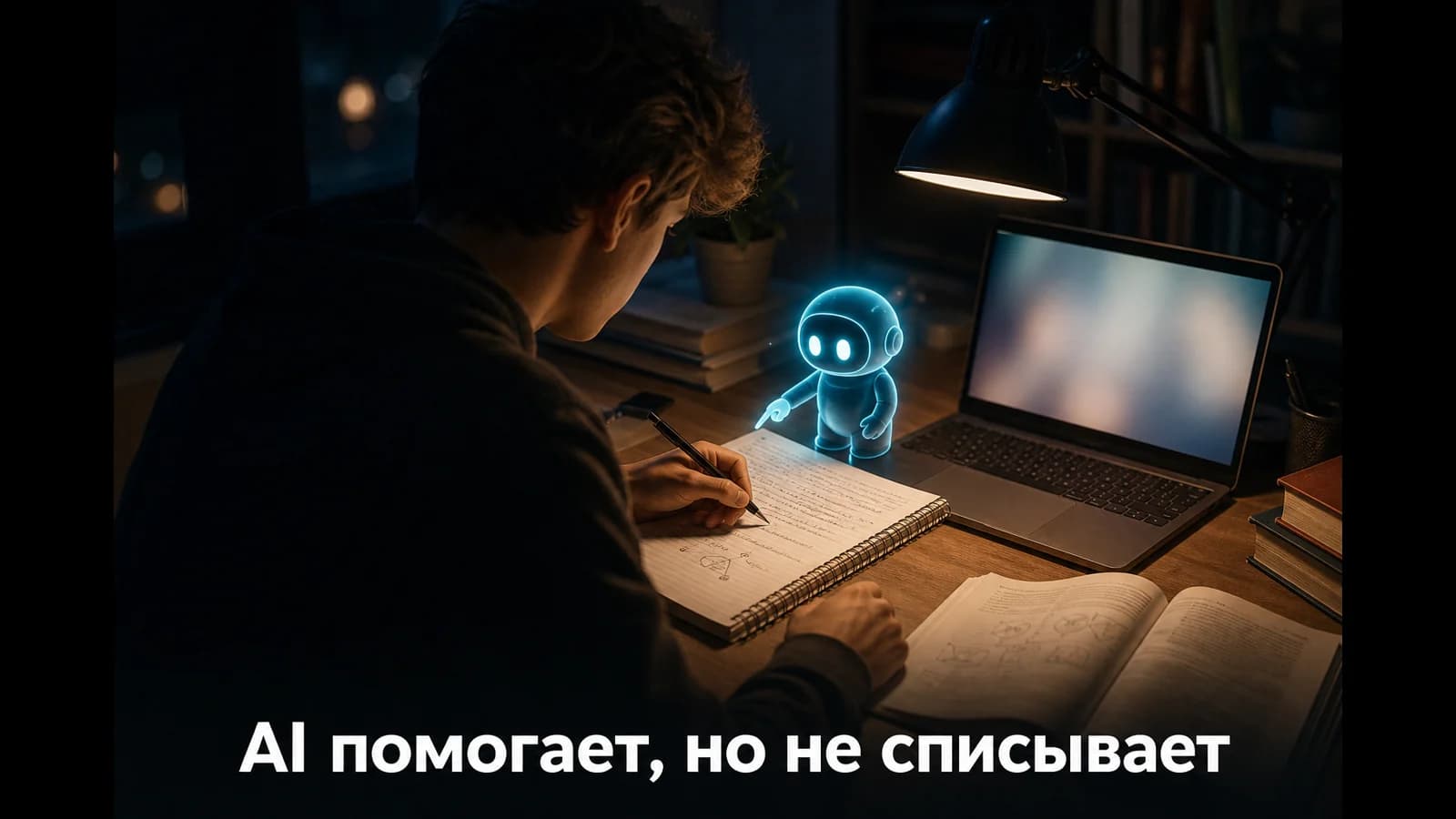 Студент работает с тетрадью и ноутбуком, AI-помощник как репетитор рядом