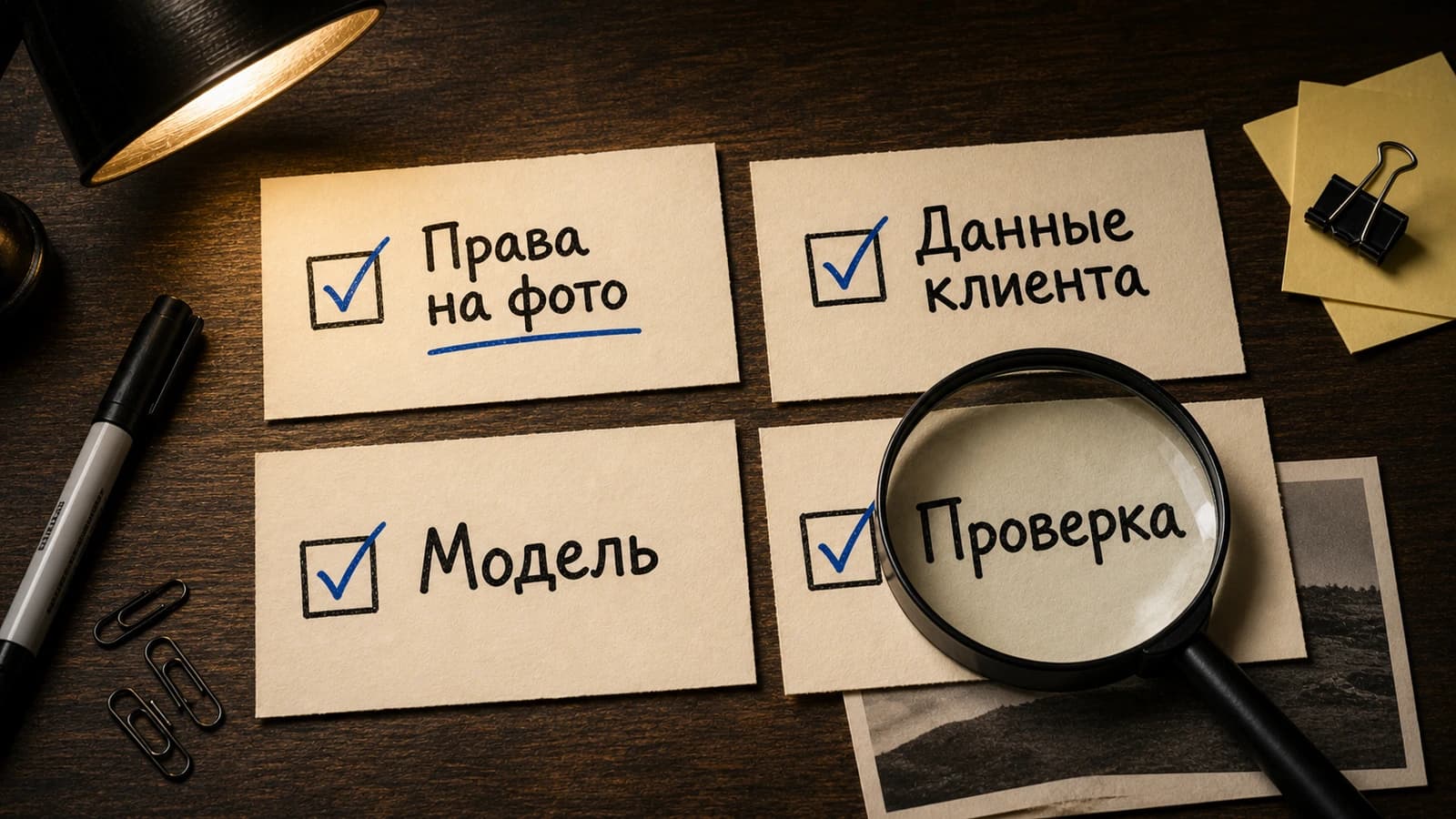 Чек-лист прав на фото, данных клиента, модели и проверки результата